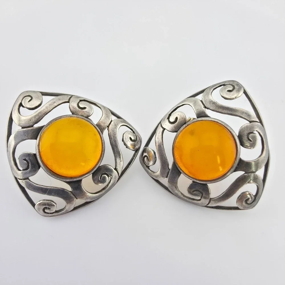 SILPADA Amber Earrings 925 Sterling Silver Post Cabochons Open Scrollwork 1